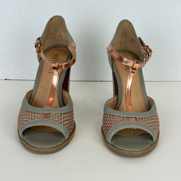 Report Meg T Strap Heels Woven Gray & Metallic Rose Gold Open Toe Block Heel 8 - Picture 4 of 11